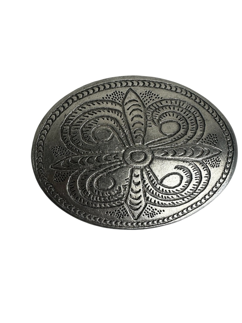 Legend West 2001 Western Oval Belt Buckle Engraved Floral Scroll Silver Tone USA